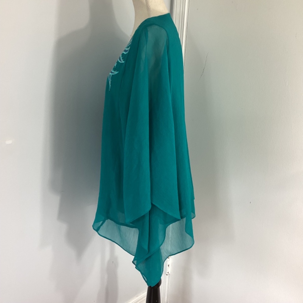 VTG BOB MACKIE WEARABLE ART SZ LARGE TEAL BATWING TOP BLOUSE SEQUINS EMBROIDERY - Picture 3 of 9